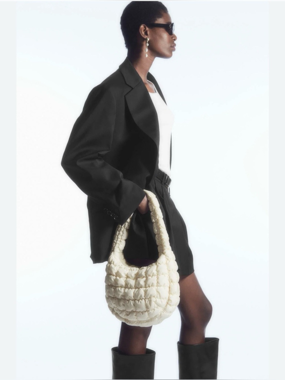COS Cream Quilted Shoulder Bag with Heart Charm Accent